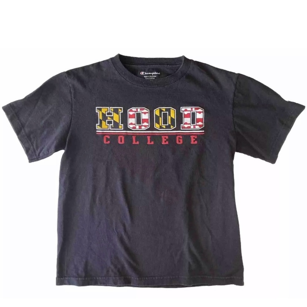 Hood College Youth Medium M‎ 8 Black Champion Short Sleeve T-Shirt Maryland Flag